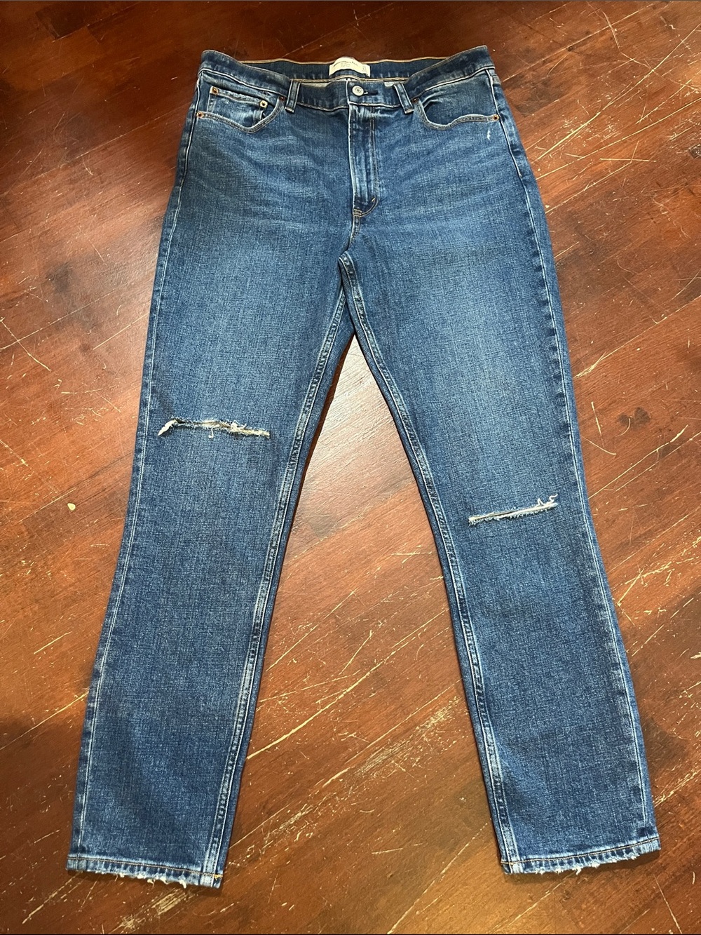 Abercrombie & Fitch Women's Mid Blue High-Rise Straight Jeans with Knee Rips